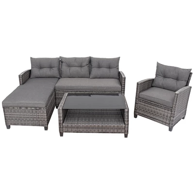 Costway 4PCS Patio Rattan Furniture Set Cushioned Loveseat Table Shelf Gray - Image 9