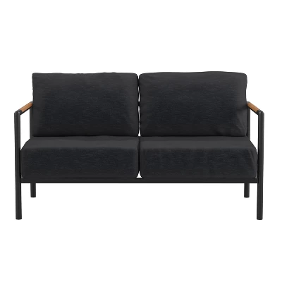Emma And Oliver Aluminum Frame Loveseat With Teak Arm Accents And Plush Cushions - Image 8