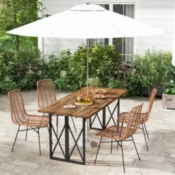 Costway 67'' Patio Rectangle Table Heavy-Duty Acacia Wood Dining Table With Umbrella Hole