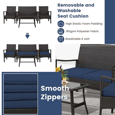 Costway 4PCS Patio Rattan Wicker Furniture Set Cushioned Sofa Armrest Coffee Table Navy - Image 4