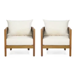 Burchett 2pk Outdoor Acacia Wood Club Chairs With Cushions - Teak/Brown/Beige - Christopher Knight Home