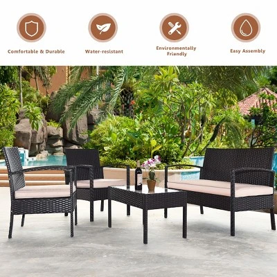 Tangkula 8PCS Conversation Wicker Set Patio Rattan Table&Cushioned Chair - Image 3