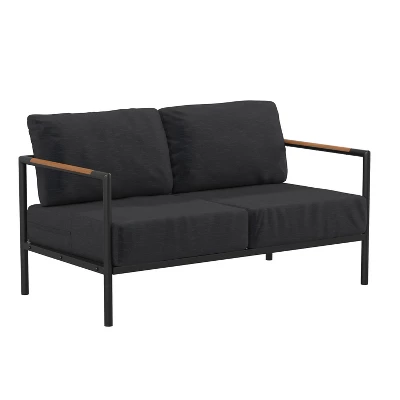 Emma And Oliver Aluminum Frame Loveseat With Teak Arm Accents And Plush Cushions - Image 10