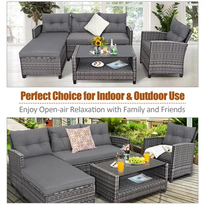 Costway 4PCS Patio Rattan Furniture Set Cushioned Loveseat Table Shelf Gray - Image 4
