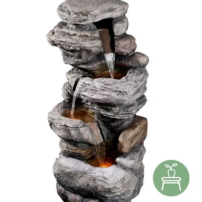 Teamson Home 39.37" Outdoor Faux Stone 4-Tier Water Fountain With LED, Gray - Image 11
