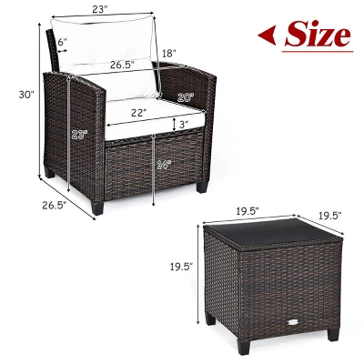 Tangkula 3PCS Wicker Cushioned Conversation Set Outdoor Rattan Furniture W/Beige/Red/Black/Navy/Off White/Turquoise Cushions - Image 2