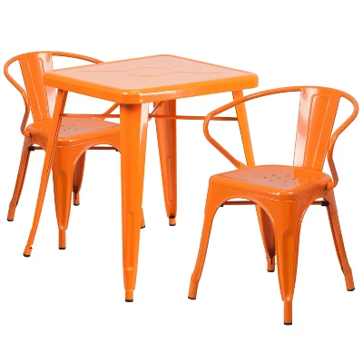 Emma And Oliver Commercial Grade 23.75" Square Metal Indoor-Outdoor Table Set With 2 Arm Chairs - Image 3