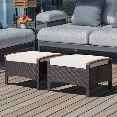 Costway Set Of 2 Patio Rattan Ottoman Footrest Cushions Wooden Handle Off WhiteBrownRedNavy - Image 8