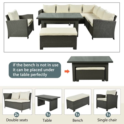 6 PCS Patio Outdoor Rattan Sectional Sofa Set, Conversation Seating Group With Cushions-ModernLuxe - Image 3