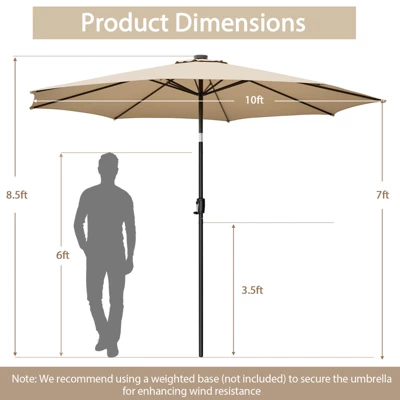 Costway 10 FT 112 LED Solar-Lighted Patio Table Market Umbrella Crank Tilt Outdoor Beige/Coffee/Navy/Wine