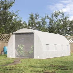Outsunny Steel Frame Walk-In Tunnel Greenhouse, Large Garden Hot House Kit With 8 Roll-up Windows & Roll Up Door, White