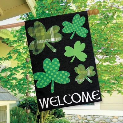 Shamrocks St. Patrick's Day Burlap House Flag Welcome 28" X 40" Briarwood Lane - Image 2