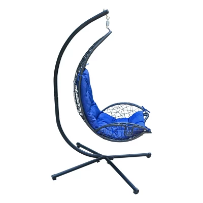 Cushioned Rattan Wicker Hanging Chair With Stand - Blue - Algoma - Image 2