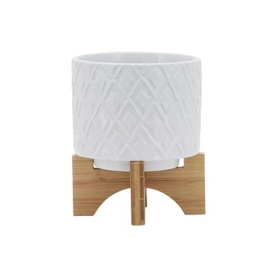 Sagebrook Home Diamond Pattern Round Ceramic Planter Pot With Wood Stand White