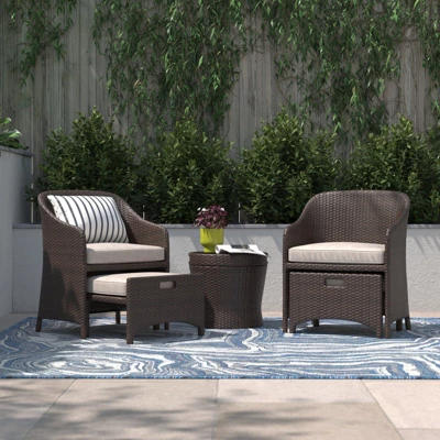 Barton 5-Pieces Patio Sofa Ottoman Wicker Set With Side Storage Table, Brown/Beige