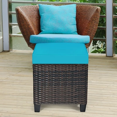 Costway 2PCS Patio Rattan Ottoman Cushioned Seat W/ Foot Rest Turquoise - Image 3