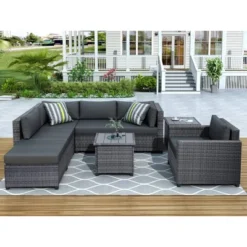 8pc Wicker Patio Conversation Set With Cushions - Gray - GODEER