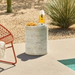 LuxenHome Beige And Brown MgO 13.6" Round Side Table For Indoor And Outdoor