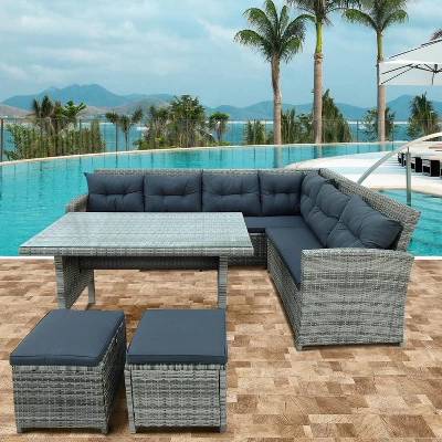 6pc Wicker Patio Set With Glass Table Ottomans - Gray/Dark Gray - GODEER