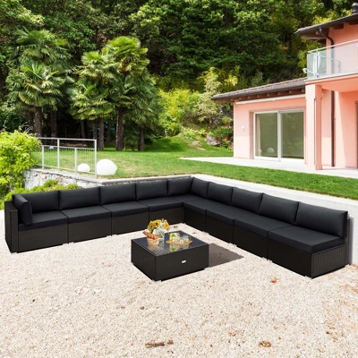 Costway 10 PCS Patio Rattan Furniture Set Outdoor Wicker Sofa Table Cushioned Seat Black/Brown - Image 10