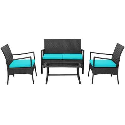 Costway 4PCS Patio Wicker Furniture Set Cushioned Chairs& Loveseat With Coffee Table Garden - Image 6