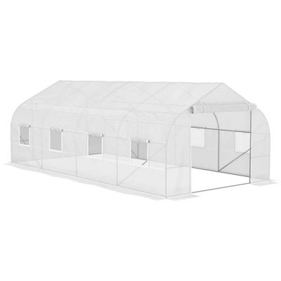 Outsunny 19.5' X 9.8' X 6.9' Walk-In Greenhouse, Outdoor Gardening Canopy Hot House With 8 Roll-up Windows, Zippered Door & Weather Cover, Steel White - Image 5