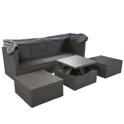 4pc Outdoor Wicker Rectangle Daybed With Canopy & Cushions - Gray - GODEER - Image 3