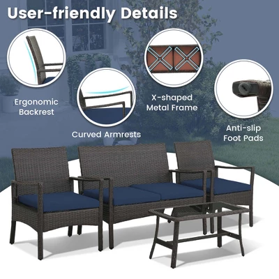 Costway 4PCS Patio Rattan Wicker Furniture Set Cushioned Sofa Armrest Coffee Table Navy - Image 6