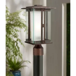 Franklin Iron Works Fallbrook Modern Industrial Post Light Bronze 15 3/4" Clear Frosted Double Glass For Exterior Barn Deck House Porch Yard Patio