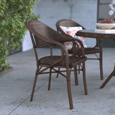Merrick Lane Wicker Rattan Patio Chair With Curved Back And Aluminum Bamboo Frame - Image 3