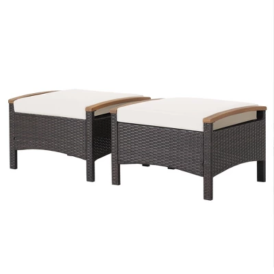 Costway Set Of 2 Patio Rattan Ottoman Footrest Cushions Wooden Handle Off WhiteBrownRedNavy