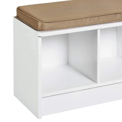 ClosetMaid 3 Cube Cubby Storage Organizer Bench Home Accent Furniture With Seat Cushion For Entryway, Hallway, Or Mud Room, White/Tan