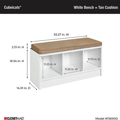 ClosetMaid 3 Cube Cubby Storage Organizer Bench Home Accent Furniture With Seat Cushion For Entryway, Hallway, Or Mud Room, White/Tan - Image 3