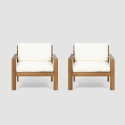 Santa Ana 2pk Acacia Wood Club Chairs Teak/Cream - Christopher Knight Home