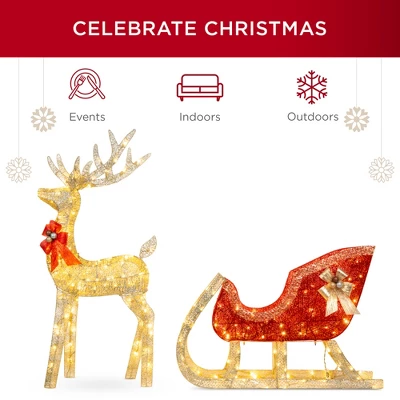 Best Choice Products Lighted Christmas 4ft Reindeer & Sleigh Outdoor Yard Decoration Set W/ 205 LED Lights, Stakes - Image 2