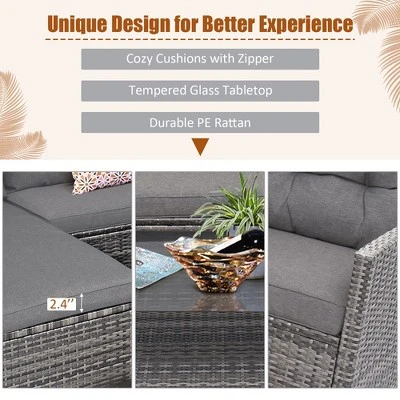 Costway 4PCS Patio Rattan Furniture Set Cushioned Loveseat Table Shelf Gray - Image 6