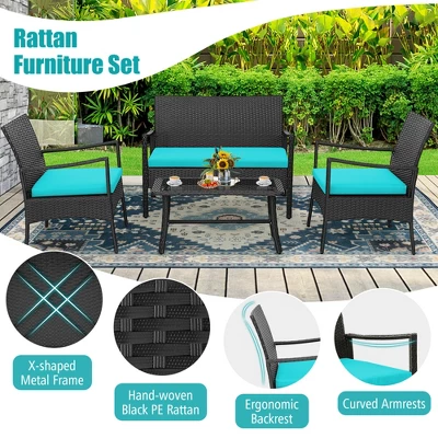 Costway 4PCS Patio Wicker Furniture Set Cushioned Chairs& Loveseat With Coffee Table Garden - Image 5