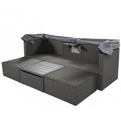 4pc Outdoor Wicker Rectangle Daybed With Canopy & Cushions - Gray - GODEER - Image 8