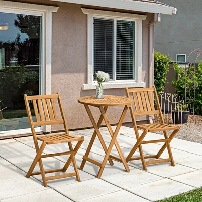 Outsunny Bistro Table And Chairs Set Of 2, Acacia Wood Patio Table, Wooden Folding Chairs, Varnished, 3 Piece Outdoor Furniture Set, Slatted, Teak