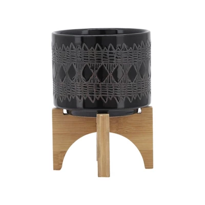 Sagebrook Home With Wooden Stand Aztec Ceramic Indoor Outdoor Planter Pot Black