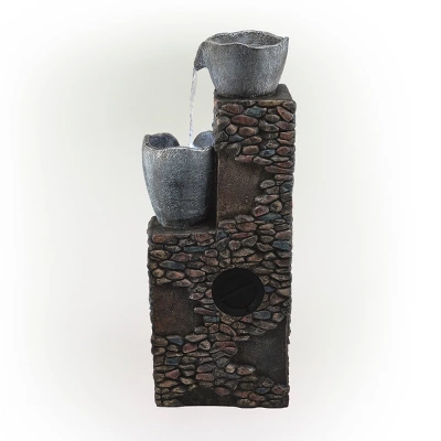 42" Resin Outdoor 4-Tier Stone Bowl Fountain With LED Lights Gray - Alpine Corporation - Image 4