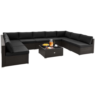 Costway 10 PCS Patio Rattan Furniture Set Outdoor Wicker Sofa Table Cushioned Seat Black/Brown - Image 4