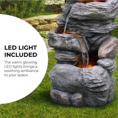 Teamson Home 39.37" Outdoor Faux Stone 4-Tier Water Fountain With LED, Gray - Image 3