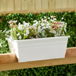 The HC Companies 24 Inch Wide Heavy Duty Plastic Deck Rail Mounted Garden Flower Planter Box With Removable Drainage Plugs, White