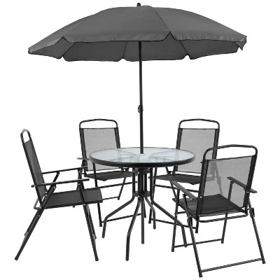 Flash Furniture Nantucket 6 Piece Patio Garden Set With Table, Umbrella And 4 Folding Chairs - Image 14