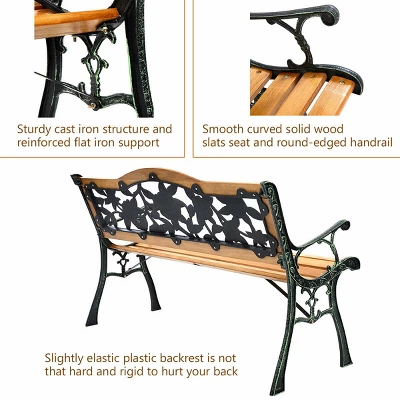 Patio Park Garden Bench Porch Path Chair Furniture Cast Iron Hardwood - Image 8