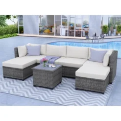 7pc Outdoor Wicker Seating Set With Cushions - Beige - GODEER