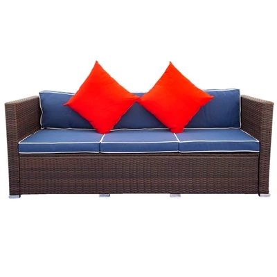 3pc Wicker Patio Sectional Seating Set With Cushions - Brown/Blue - GODEER - Image 6