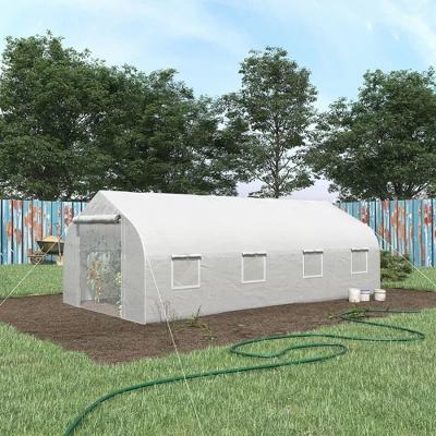 Outsunny 19.5' X 9.8' X 6.9' Walk-In Greenhouse, Outdoor Gardening Canopy Hot House With 8 Roll-up Windows, Zippered Door & Weather Cover, Steel White - Image 2
