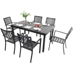 7PC Metal Patio Dining Set With Rectangular Expandable Table & 6 Chairs - Captiva Designs